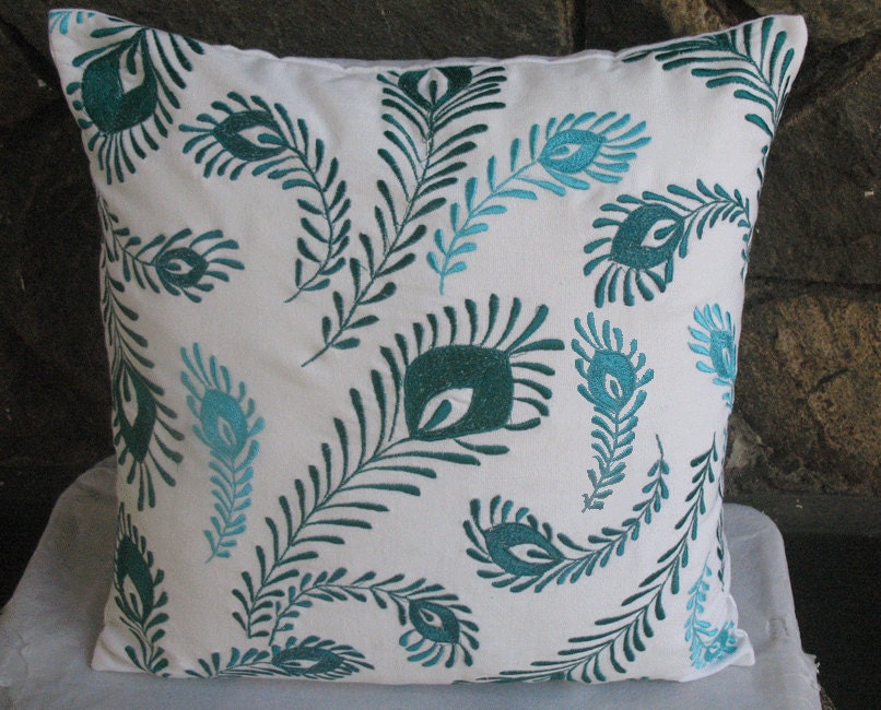 white and blue peacock feather throw pillow 18 inch decorative cushion cover