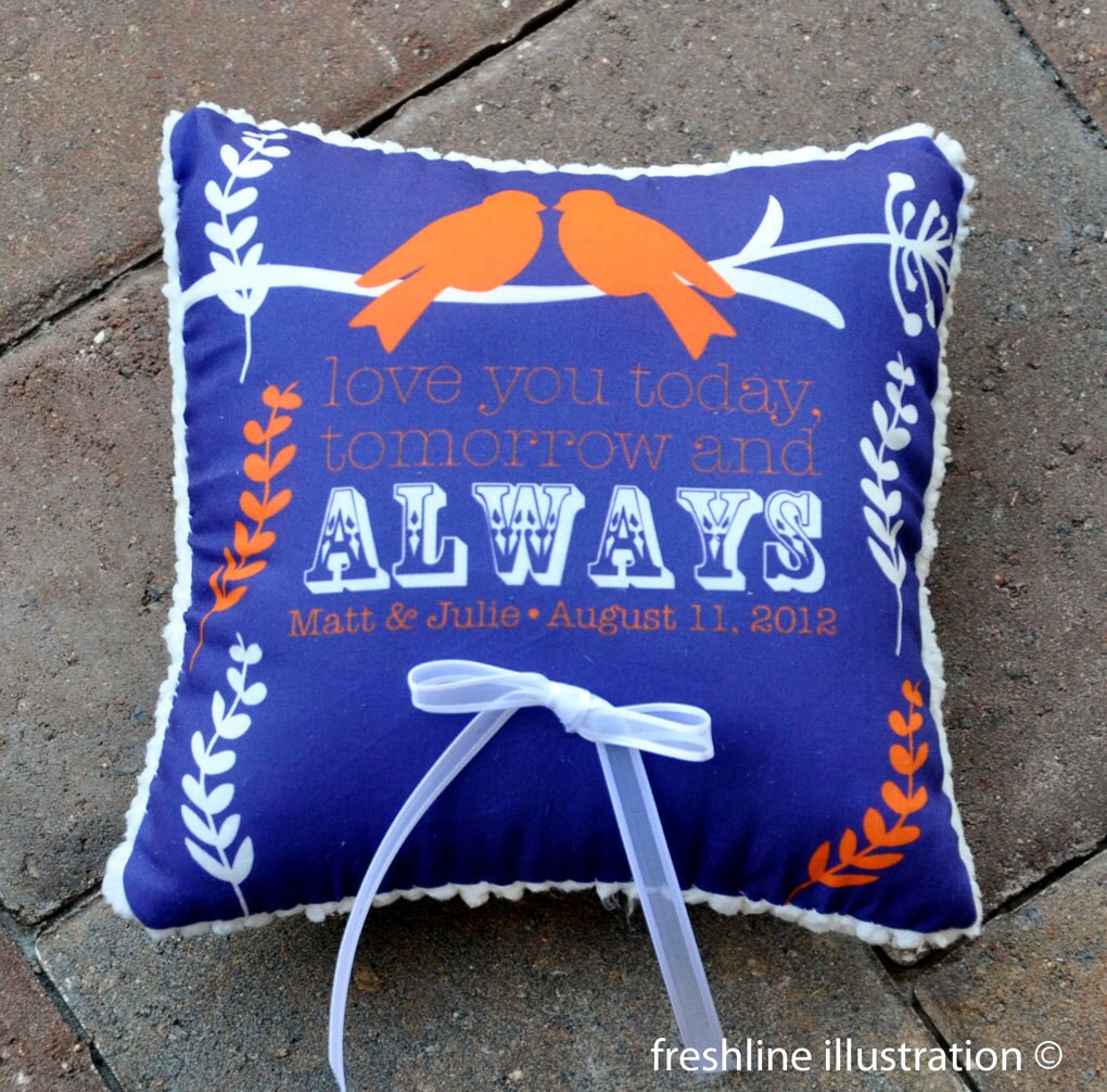 Custom Wedding Ring Pillow Orange and Royal Purple Your Names and Wedding