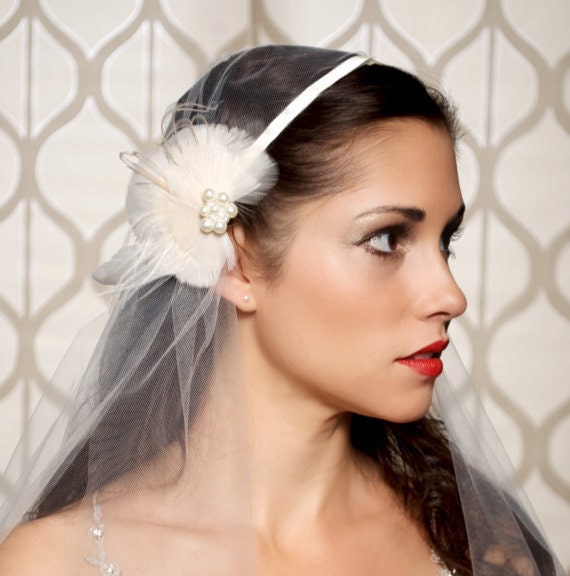  Bridal Cap Satin Ribbon Ivory Tulle Vintage Style Glamour Art Deco 