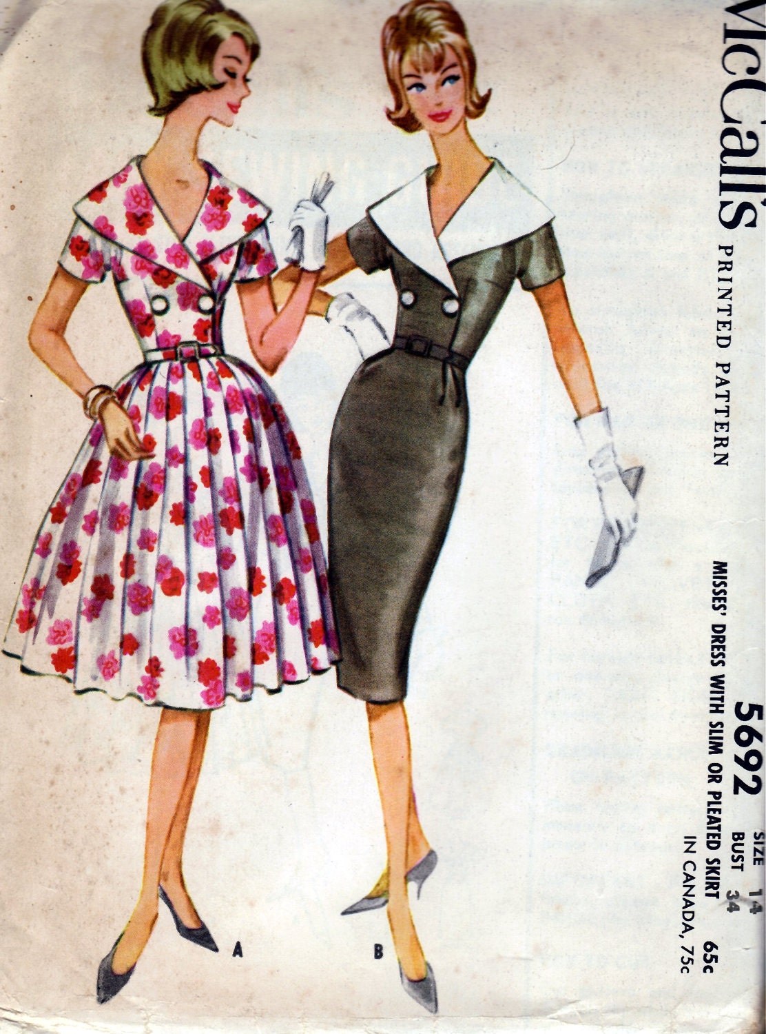 1960 Misses' Dress With Slim or Pleated Skirt  McCall's 5692  Size 14  Bust 34  Factory Folded