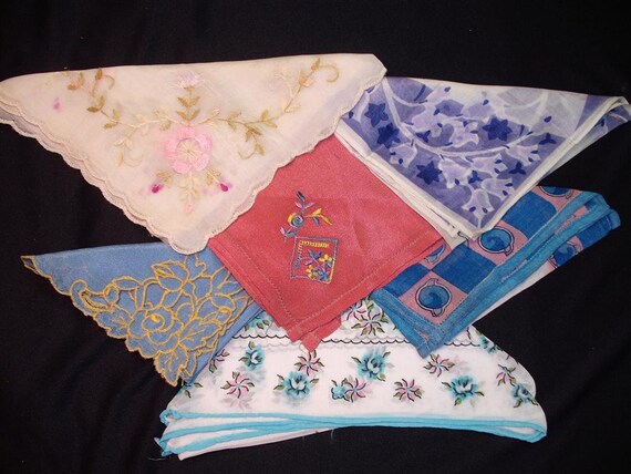 Handkerchiefs Hankies - Vintage Assortment of 6  - Silkl - (H) - Hanky Panky