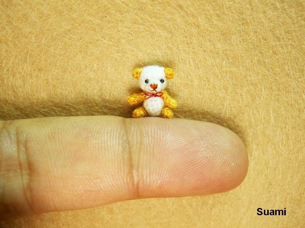Extreme Micro Bear - Tiny Dollhouse Miniature Animals - 1/2 Inch Scale Crochet  White/Gold Bear -  Red Bow