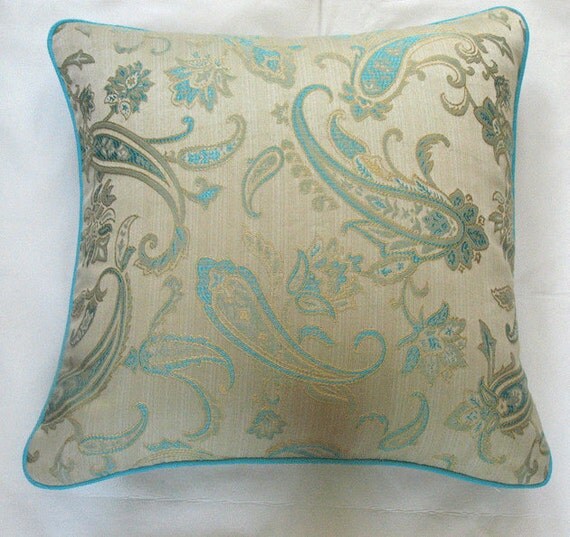 cream throw pillow cover with aqua blue paisey design 18 inch