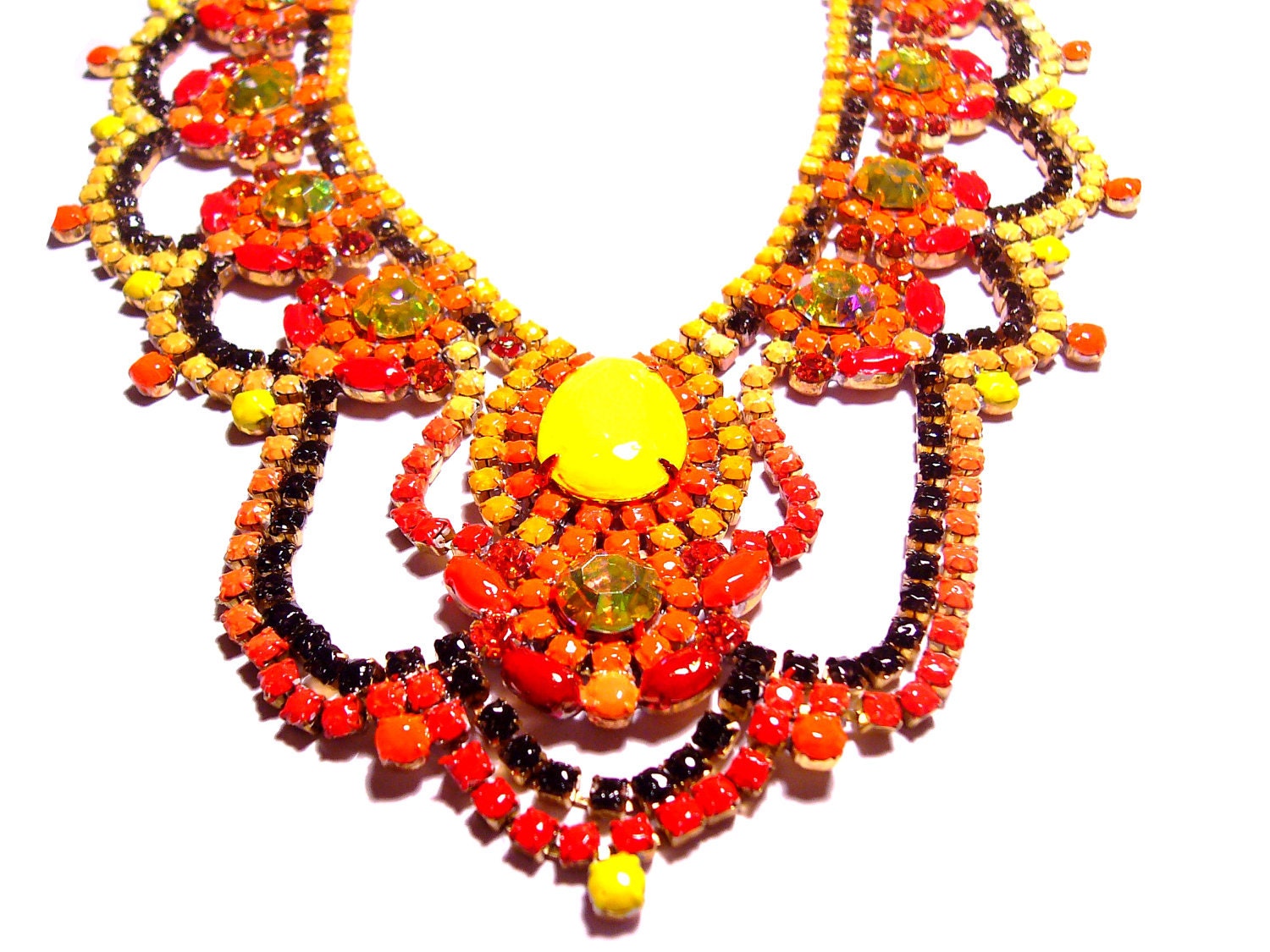 One of a Kind Gradient Neon Hand painted Vintage Rhinestone Necklace - Diablesse
