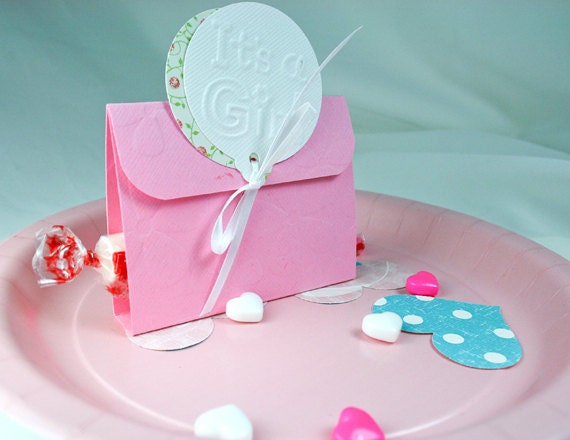Baby Shower Favor Card-Its a Girl Pink with accenting ribbon and cut out paper Balloons
