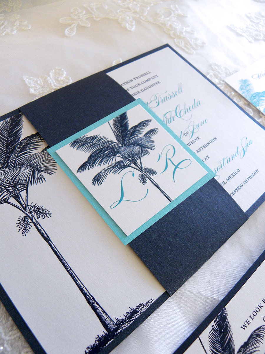Navy Blue Turquoise Destination Beach Palm Tree Layered Wedding 