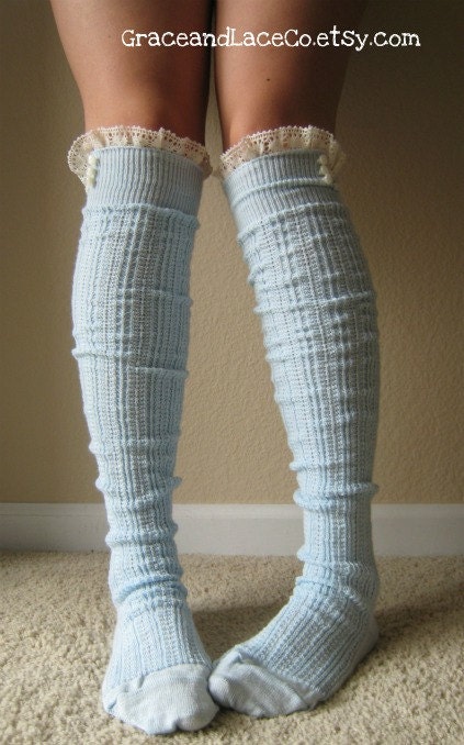 The Milly Lace -Dainty in Robins Egg.  Light stretch-knit boot socks w/ cream lace ruffle & ivory buttons (item no. 6-27)