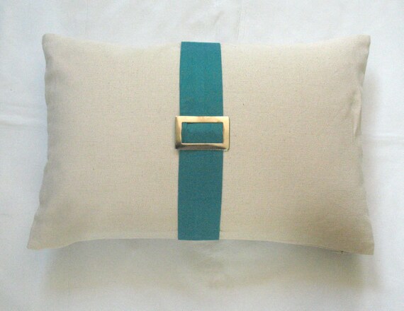 cream boudoir long pillow with sea green belt and buckle 12X18 inch