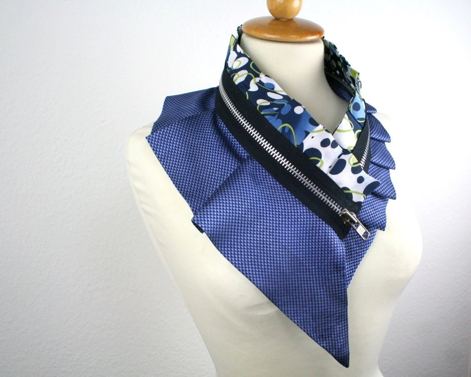 Massive silk collar - zipper collar - upcycled silk and satin - unique piece - royal blue lime green black white - by Bartinki