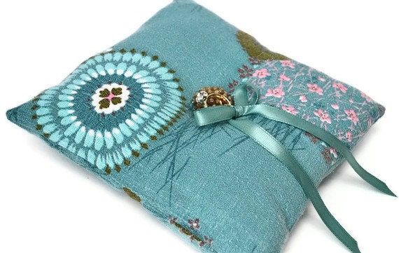 Ringbearers pillowvintage fabric turquoise wedding ring pillow