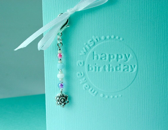 Happy Birthday Card, Embossed, Aqua, Make a Wish, with beaded Flower Clip on Zipper Charm