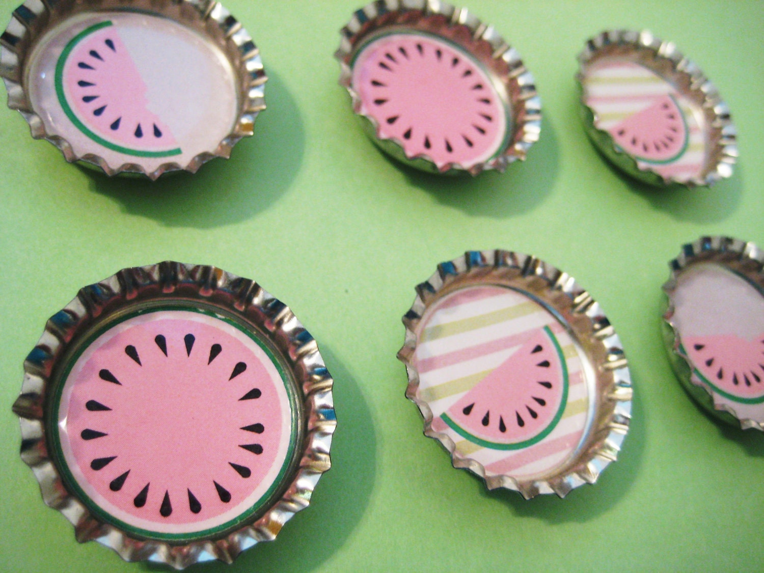 Pink watermelon bottle cap magnets, set of 6