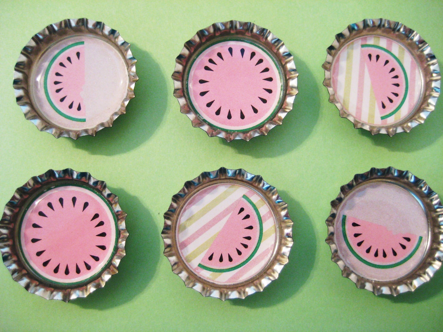 Pink watermelon bottle cap magnets, set of 6