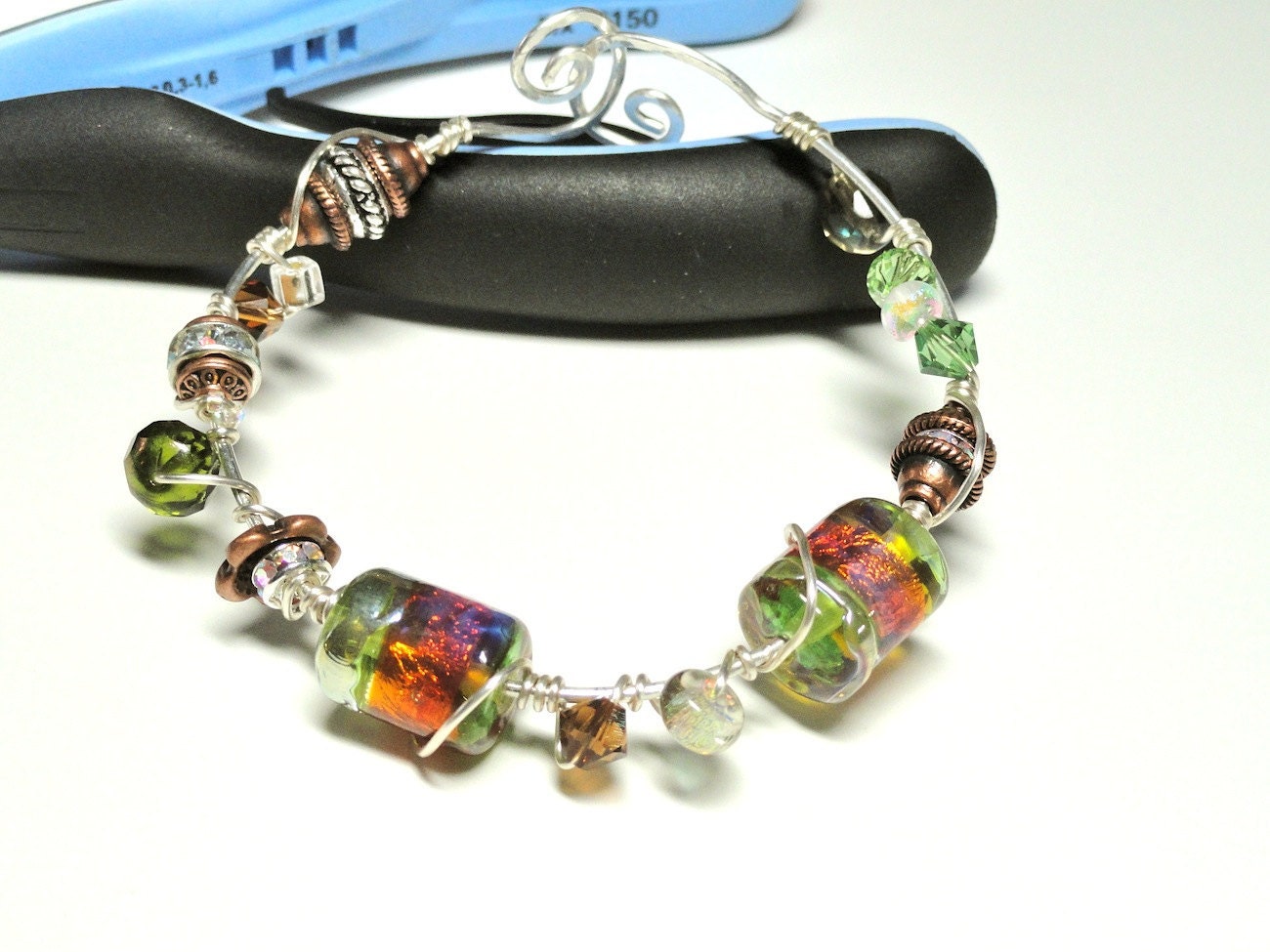 Spring Green & Bronze Wire Wrapped Lampwork Bead Sterling Silver Bracelet