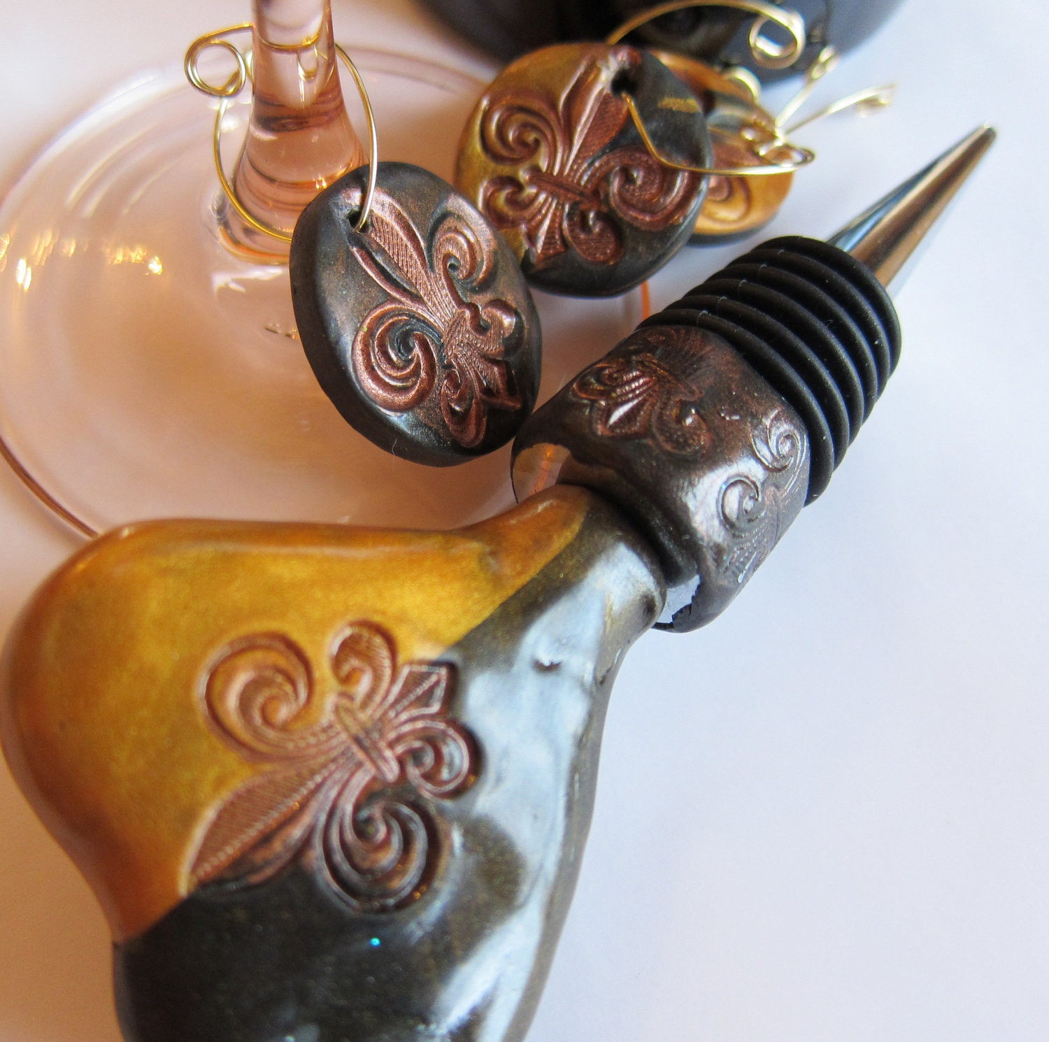 Handcrafted fleur de lis wine bottle stopper and charms gift set
