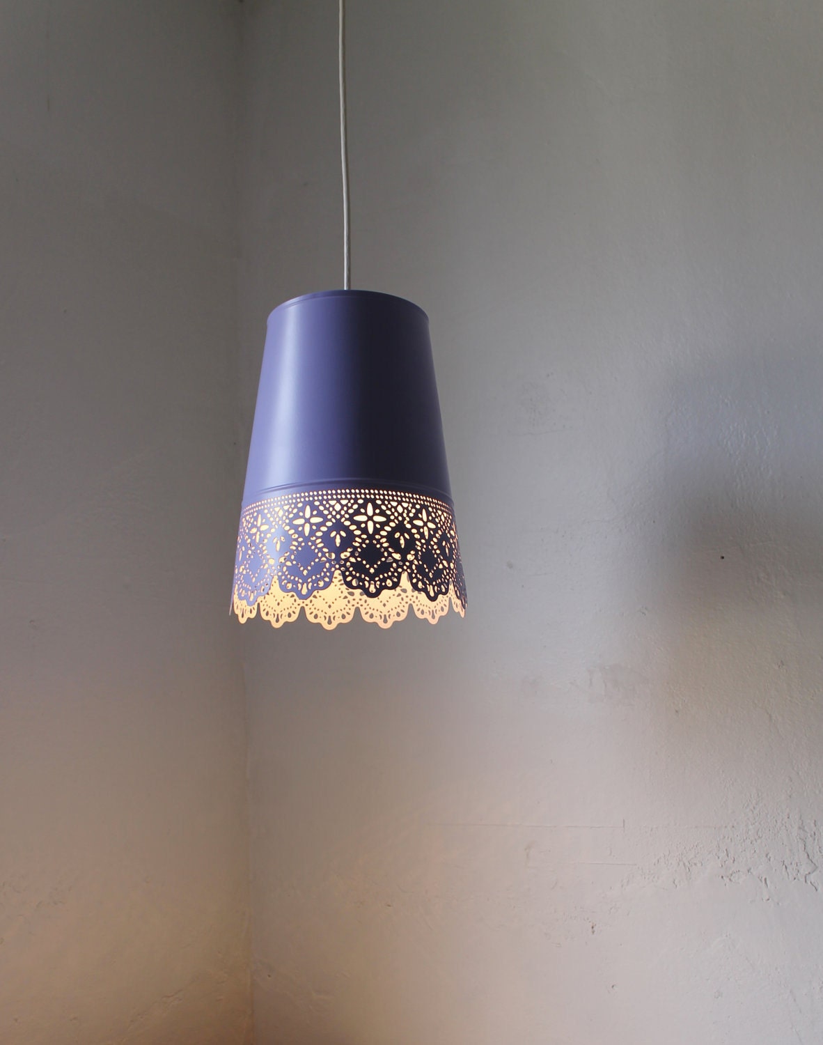 Lilac Light - UpCycled Mesh Lace Metal Garden Planter Hanging Pendant Lighting Fixture - BootsNGus Lamp Design