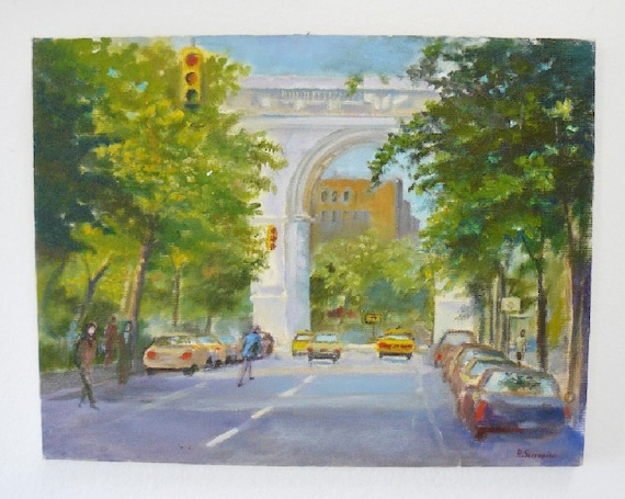Vintage Signed Impressionist Cityscape Oil Painting Washington Square Greenwich Village New York
