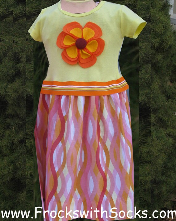 FROCKS with SOCKS 2T thru 8 Orange Seaweed Yellow Matching Girl and Doll Dresses