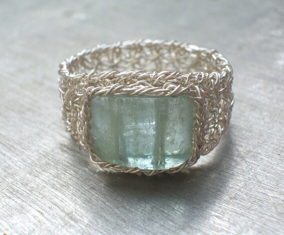 Aquamarine Ring Fine Silver Wire Crochet Ring