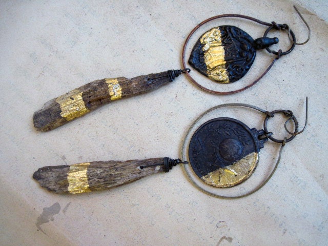 One Night's Immortality. Gold foil gilded wood assemblage earrings with antique medals.