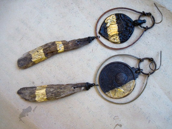 One Night's Immortality. Gold foil gilded wood assemblage earrings with antique medals.