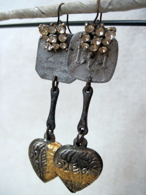 Scratch at the Heart of Life. Vintage Antique Victorian Tribal Assemblage Earrings with Rhinestones.