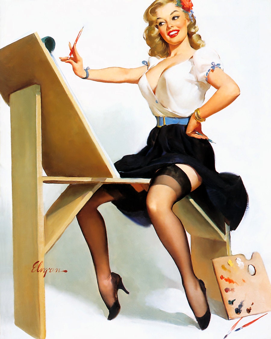 Free US shipping Handprinted Cotton Art Reprodn Applique Vintage Sexy Pin-up Girl Gil Elvgren "The Right Touch" , 1958
