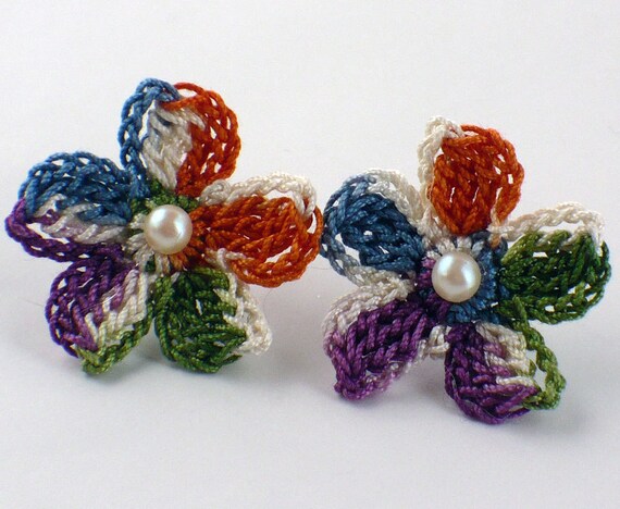 Crochet Earrings Flower Stud Earrings Hypoallergenic Dark Orange Indigo Purple Ecru Green