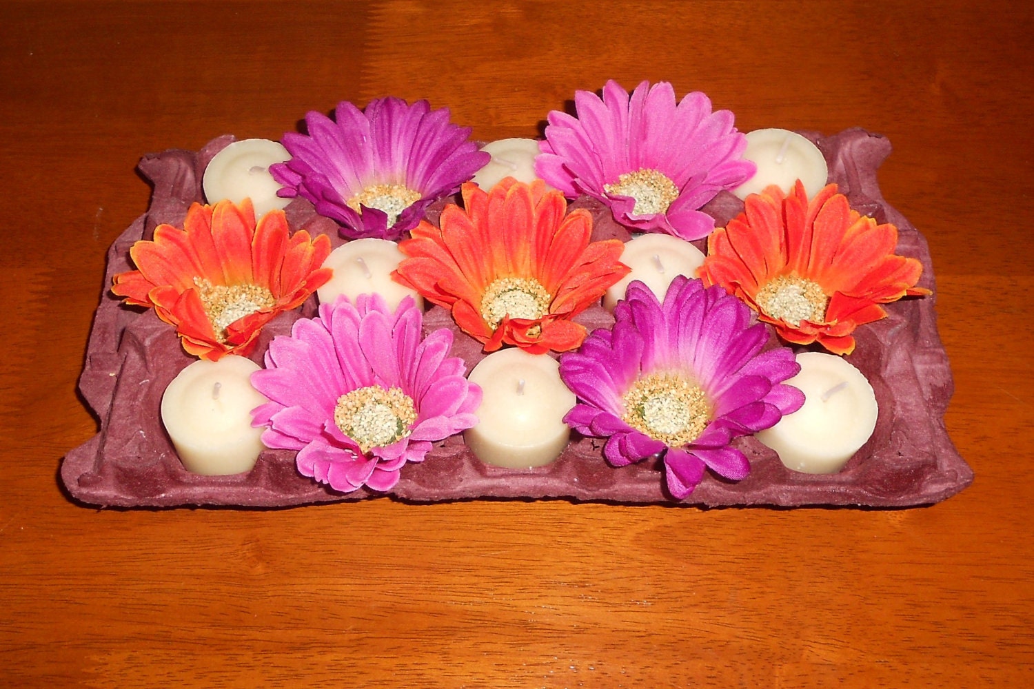 Springtime Fiesta: Vibrant Orange, Pink and Purple Gerber Daisy Candle Recycled Egg Carton Centerpiece