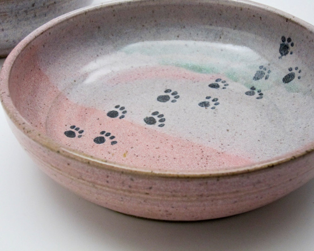 Stoneware Feeding Dish Pet Cat or Dog Pink Blue Pottery Bowl - Clay Lick Creek Pottery - 1