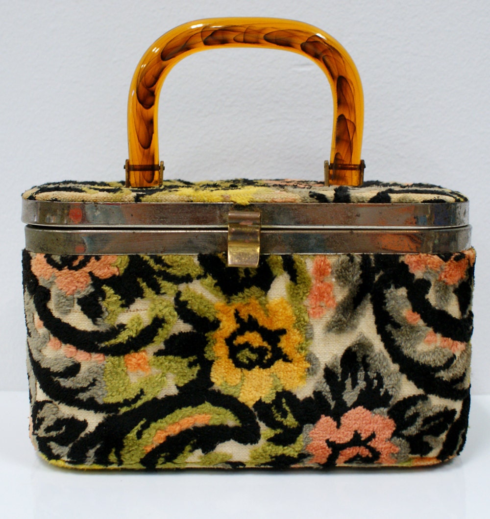 Vintage Carpet Handbag with Tortoise Lucite Handle