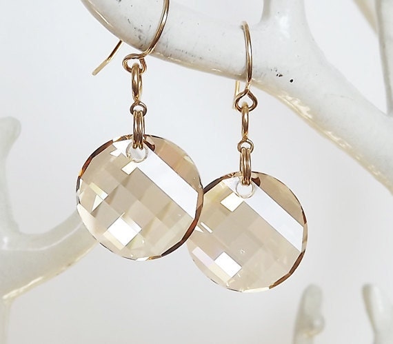 Swarovski Golden Crystal Round Disc Charm Earrings - Bridesmaid Earrings - Crystal Earrings - Disc Earrings