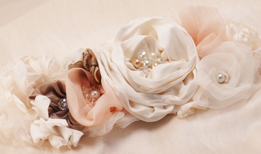 Laura Bridal Sash Wedding Belt, Flowers in Ivory, Pink, and Taupe with Pearls Crystals