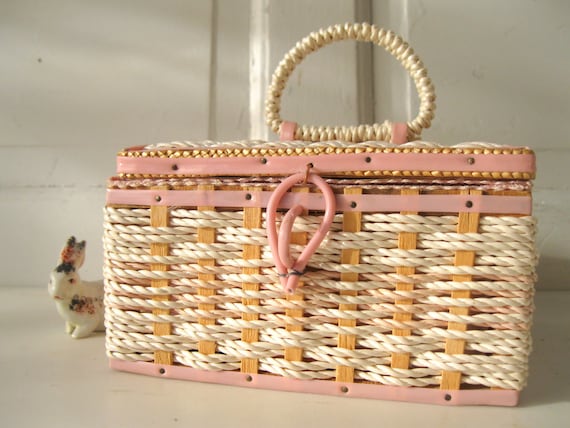 Vintage Pink and Cream Sewing Basket, Mid Century, from Tessiemay