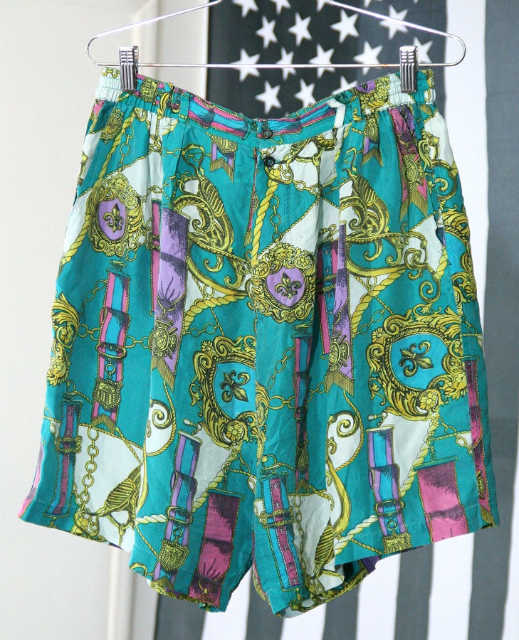 Teal Silk Scarf Print Flowy 80s/90s Patterned High-Waisted Shorts