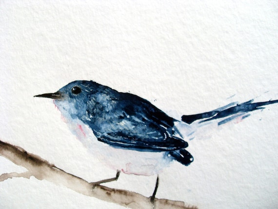 Pretty Dark Blue Bird - Original Watercolor Painting