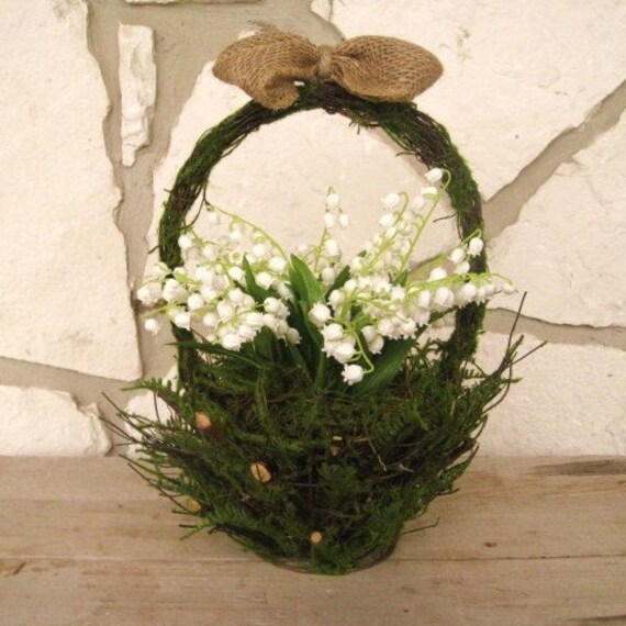 Woodland Moss Basket Centerpiece with Burlap Bow Wedding Decoration Spring