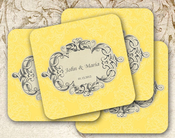 Cottage chic wedding coasters yellow and gray personalized monogram 