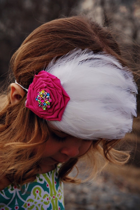 Feather Headband Girls Ladies Fabric Rose Rhinestone . FREE SHIPPING