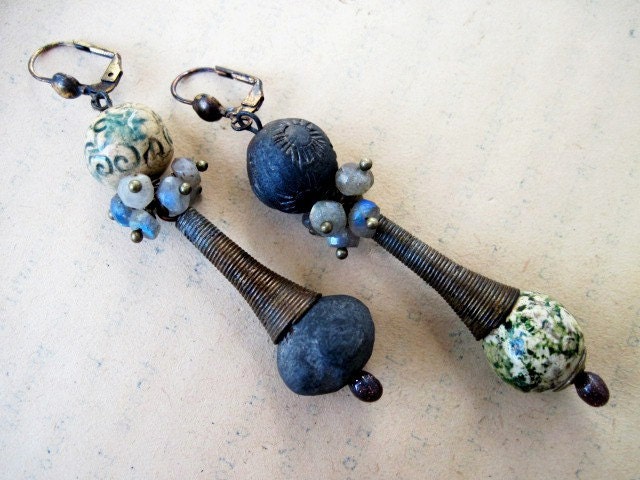 The Vagabond. Ceramic Art Beads and Labradorite Gems Rustic Gypsy Tribal.