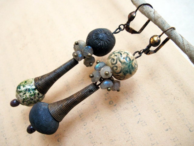 The Vagabond. Ceramic Art Beads and Labradorite Gems Rustic Gypsy Tribal.