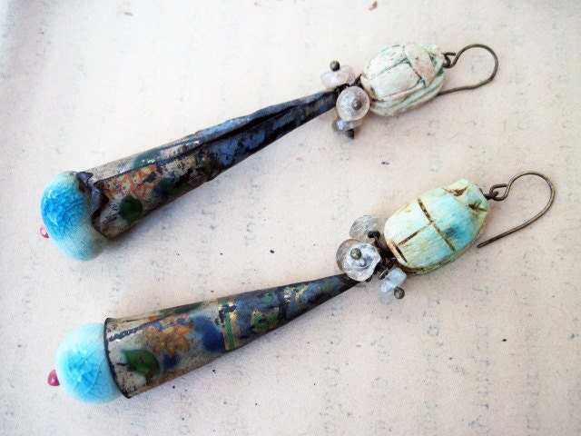 Ra. Scarabs, Recycled Tin, Ceramic, Aquamarine Gemstone Rondelles. Rustic gypsy assemblage.