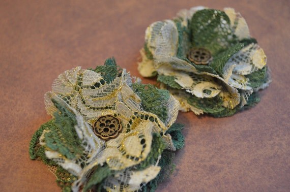 Ivory and Olive Green Lace Flower Hair Accessories