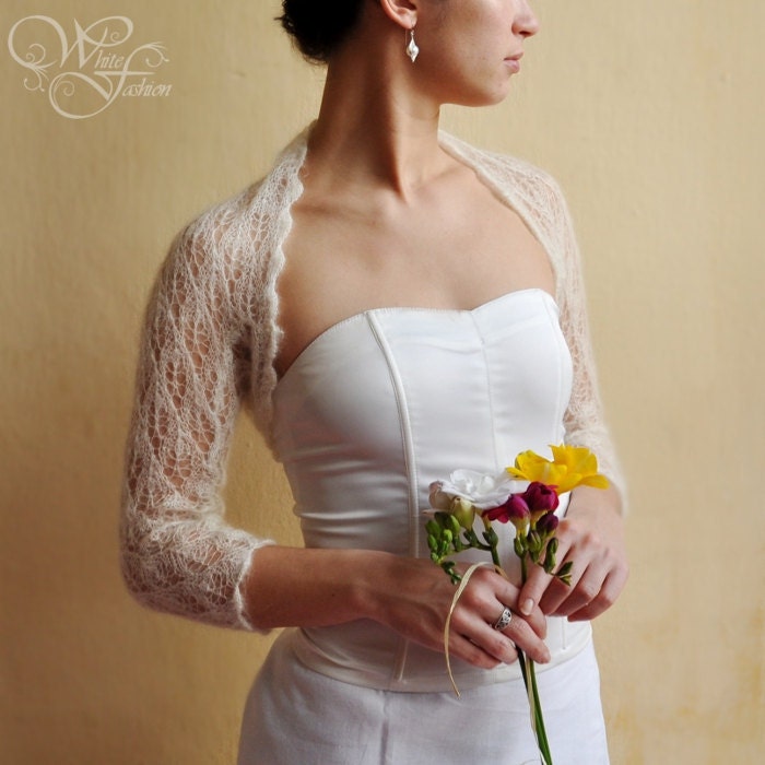 BRIDAL SHRUG wedding bolero light as a cloud cream color lace pattern leaf size XS - made to order