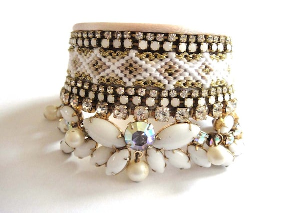 Bridal cuff - wedding bracelet in white and gold - vintage rhinestones and friendship bracelet - bridesmaids gift