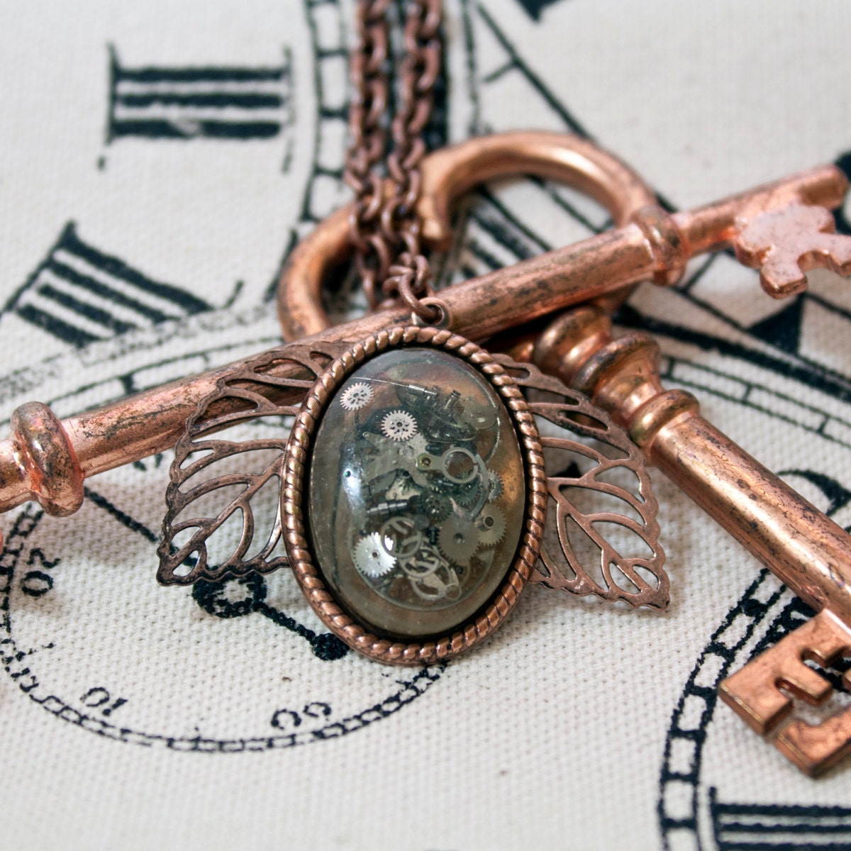 Antique Copper Watch Gear & Leaf Necklace