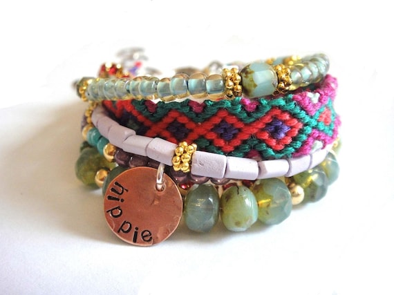 Bohemian gypsy bracelet - hippie style - multipe strands with beads friendship bracelet and rhinestones in mint lavender and jewel tones