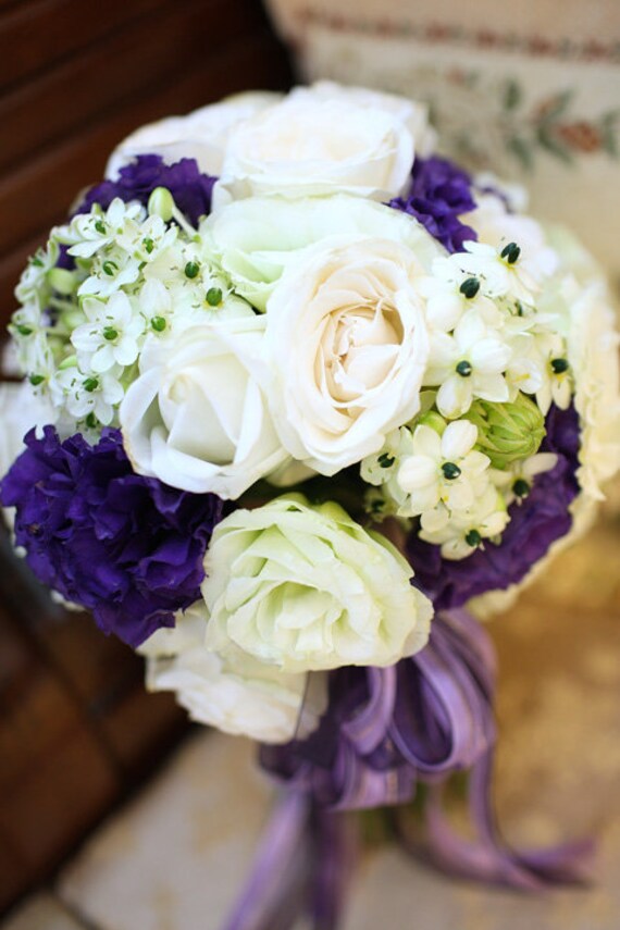 Silk Wedding Bouquet White Rose Lisianthus Dark Lavender Blue Purple 