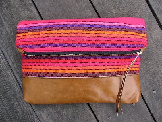 FROM MEXICO with LOVE -  Sangria.  Bright Fuchsia Striped Bag with Leather Bottom