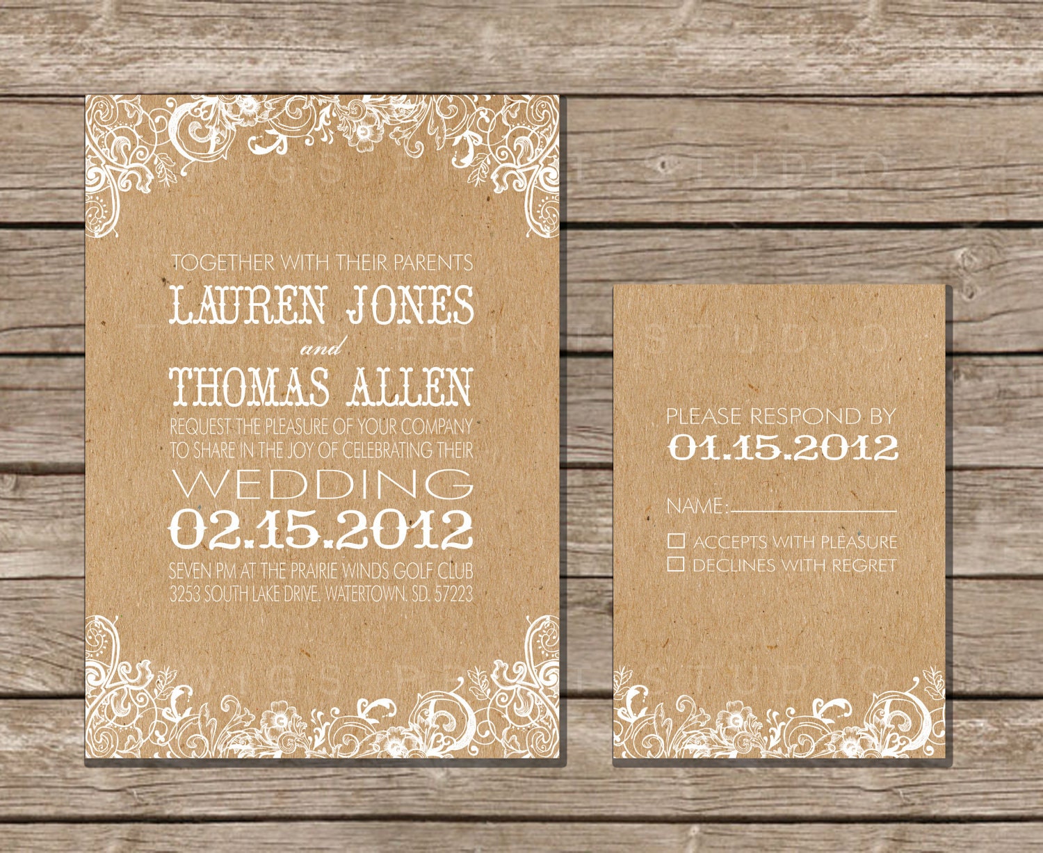 Wedding Invitation White Floral & Kraft Paper